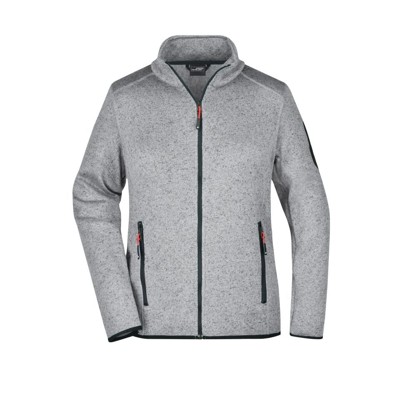 James & Nicholson - Damen Fleece Strickjacke JN761, hellgrau-melange/rot, Größe S